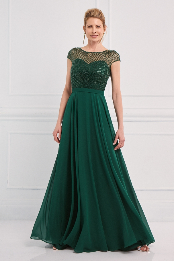 Classic long chiffon dress with fully embroidered top