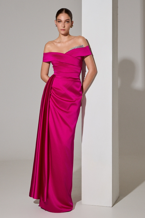 Evening long satin dress with sleeves, embroidered top, and a slit
