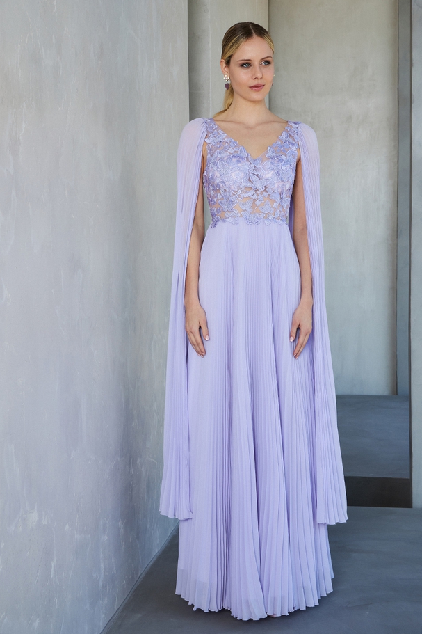 Long evening pleated dress with pleated sleeves and beaded top