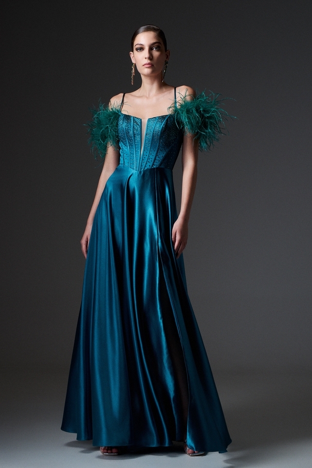 Evening long satin dress with embroidered boned top and feathers on the shoulders
