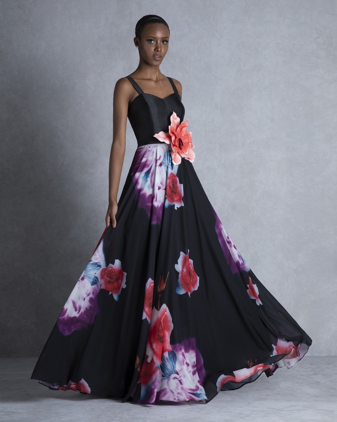Long evening printed dress with a big flower