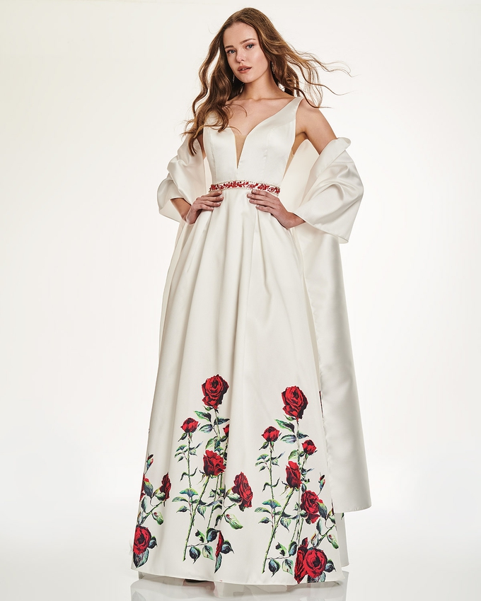 Long dress with floral motif and beading on the waistbund