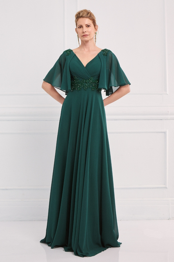 Classic long chiffon dress with wrap-style top, short sleeves, and embroidery at the waist and shoulders