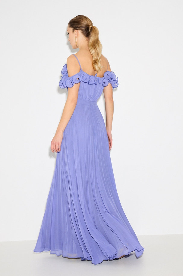 Cocktail long pleated chiffon dress with ruffles on the shoulders and sleeves