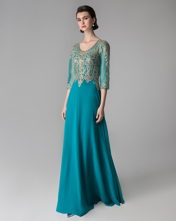 Long evening dress with beaded top and long sleeves