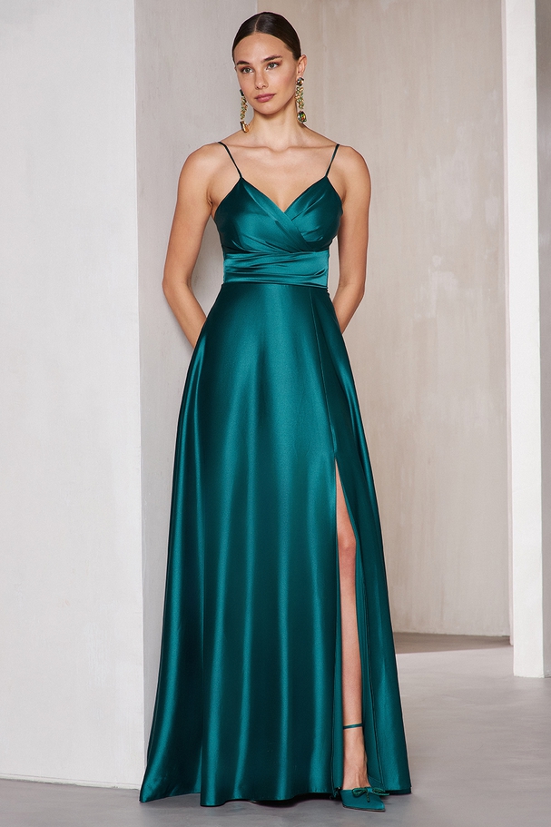 Long cocktail satin dress with straps