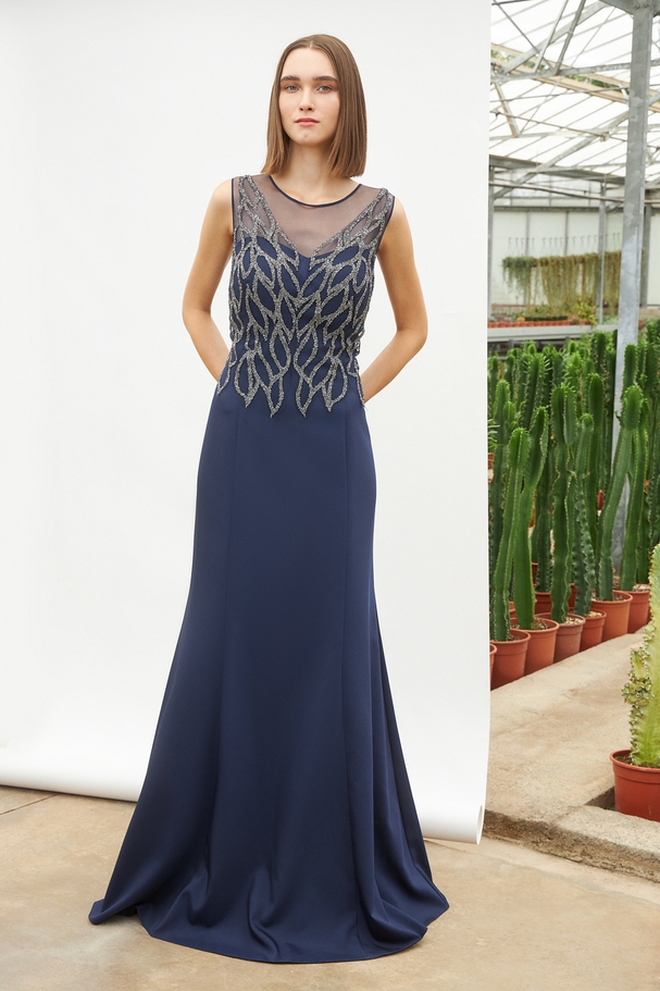 Long classic crepe satin dress with beaded tulle top