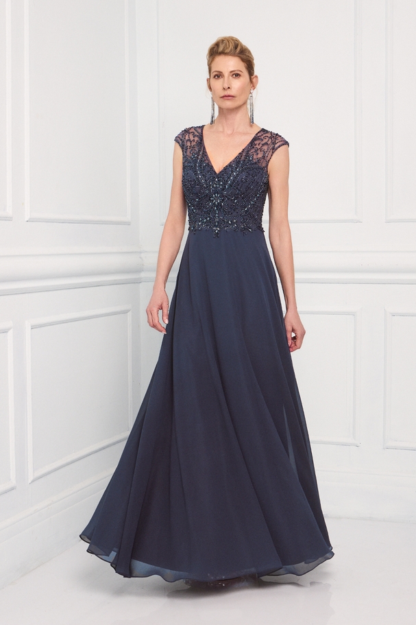 Classic long chiffon dress with embroidered top and wide straps