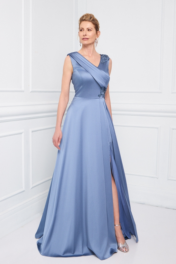 Classic long satin dress with wide straps, embroidery on the shoulder and side, and a slit