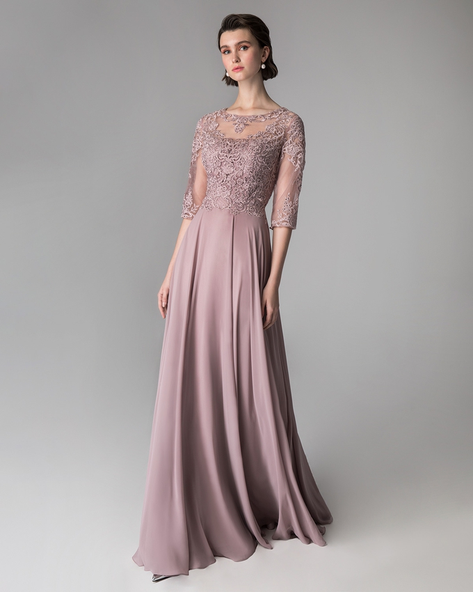 Long evening dress with applique lace on the top and long sleeves
