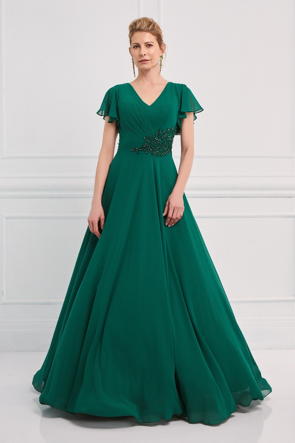 Classic long chiffon dress with short sleeves, embroidery on the top, and lace on the back