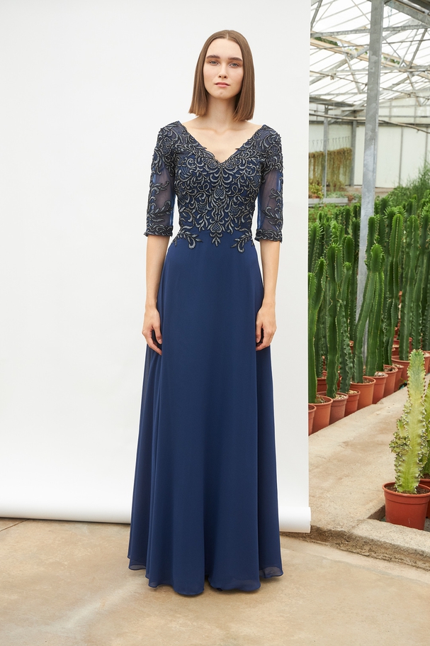 Long classic chiffon dress with beaded top and sleeves