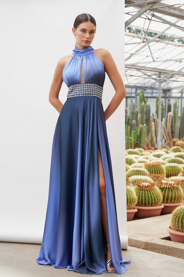 Long cocktail satin dress with beading at the waist and open back