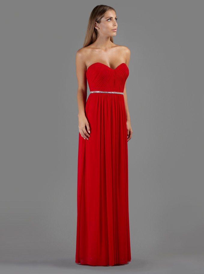 Long evening strapless dress with beading on the waistbund