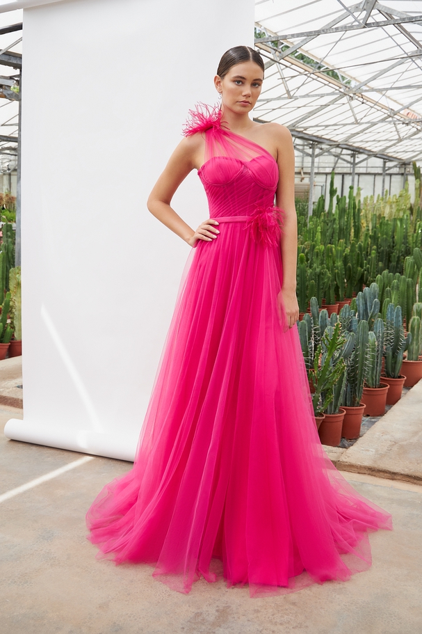 One shoulder long  tulle dress with flower on the shoulder and the waist