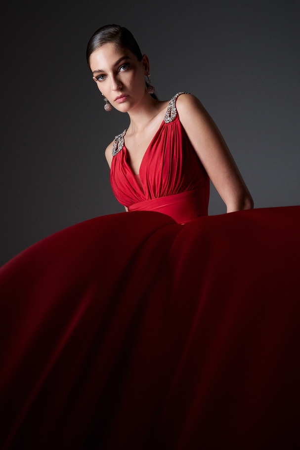 Evening long dress with draped top, embroidery on the straps, and a slit