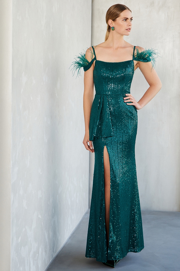 Long evening dress with sequences and feathers at the sleeves