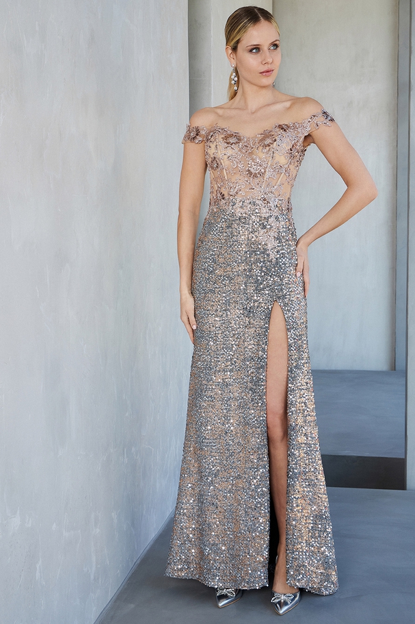 Long evening lace dress with beading and sequences at the top