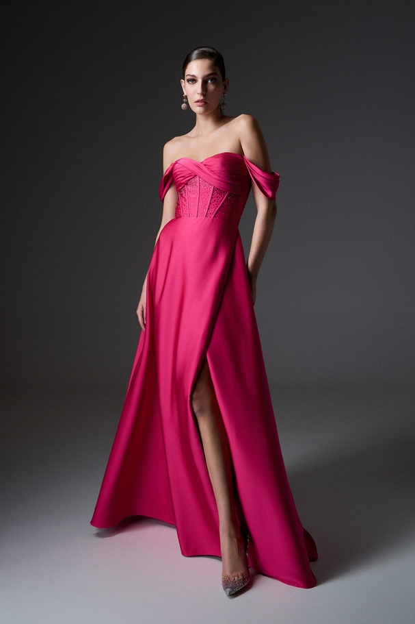 Evening long satin dress with embroidered top and boning