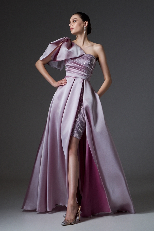 Evening organza dress with one shoulder, bow on the shoulder, and fully embroidered short inner dress