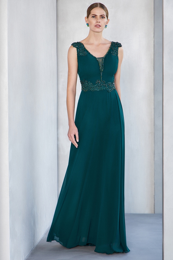 Long evening chiffon dress with beading and wide straps