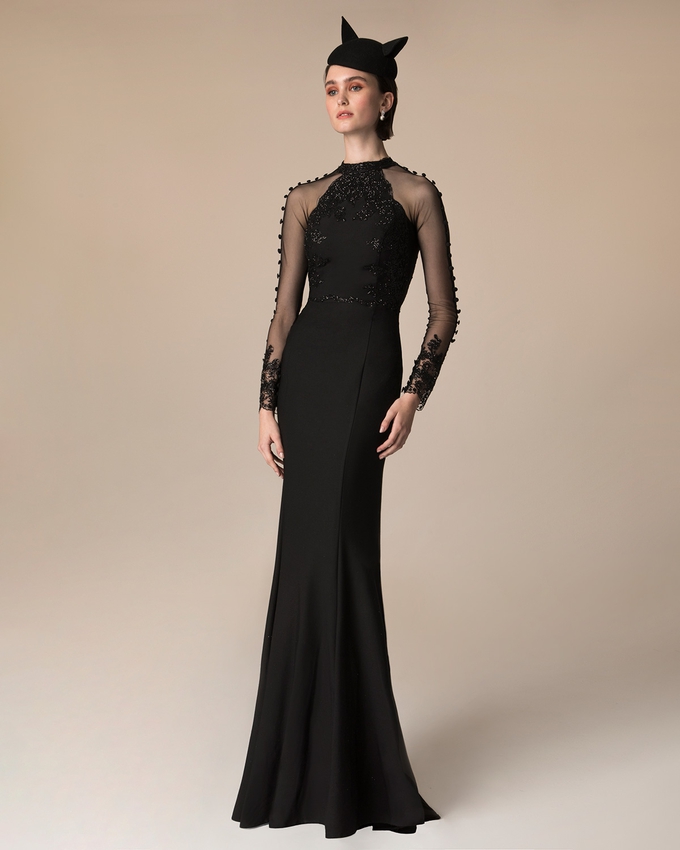 Long evening dress with beaded top and tulle long sleeves