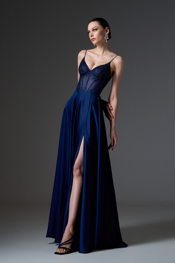 Evening long satin dress with fully embroidered boned top