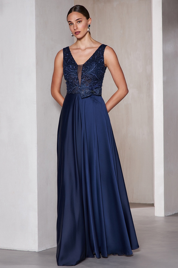 Long evening satin dress with lace top and bow at the waist