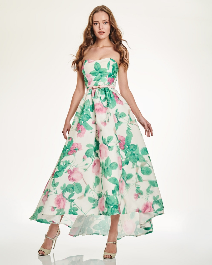 Cocktail strapless printed dress with belt