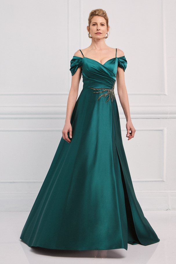 Evening long satin dress with off-the-shoulder sleeves, draped top, and embroidery on the side