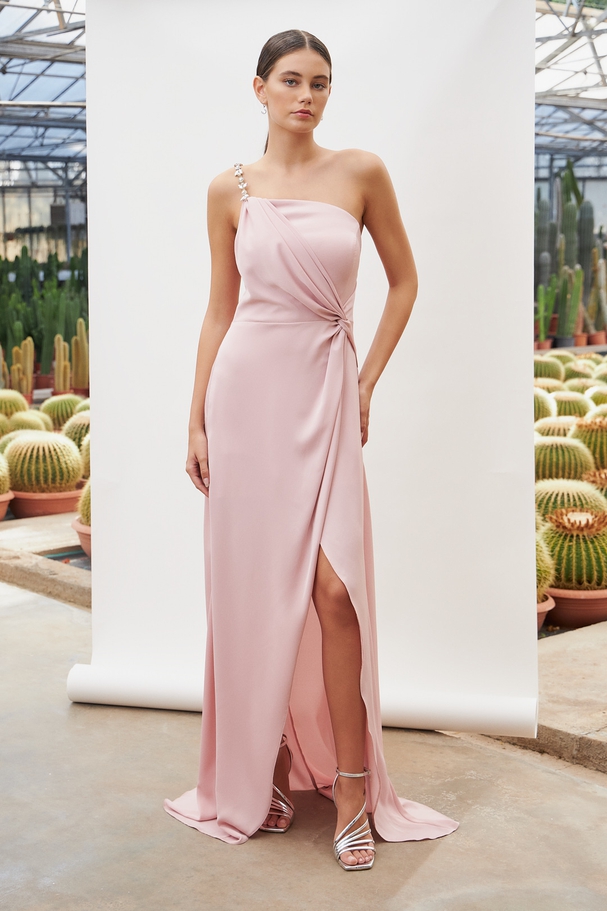 One shoulder long satin dress with shining fabric, beading on the shoulder and opening