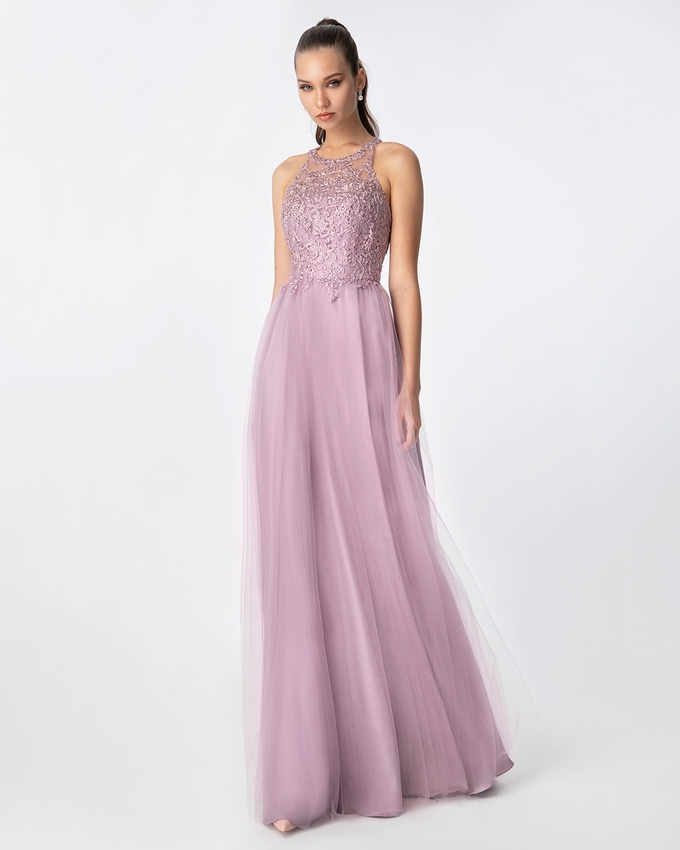 Cocktail long tulle dress with beaded top