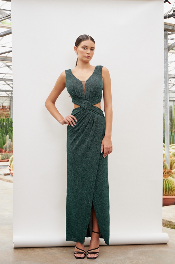 Long cocktail satin dress with openings on the sides