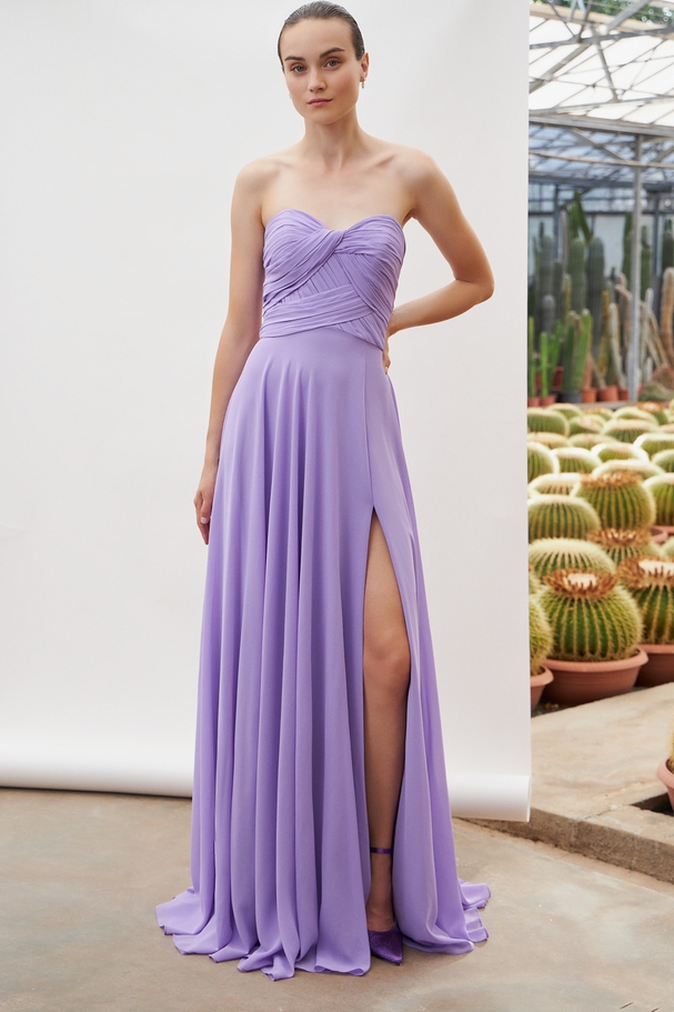 Long cocktail chiffon strapless dress with open back