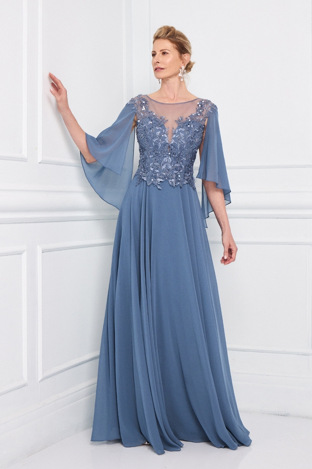 Classic long chiffon dress with an embroidered lace top and sleeves