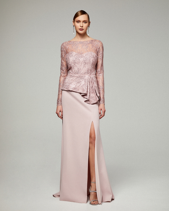 Long evening dress with lace top and long sleeves for the mother of the bride