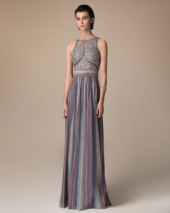 Long evening pleated dress with beaded top
