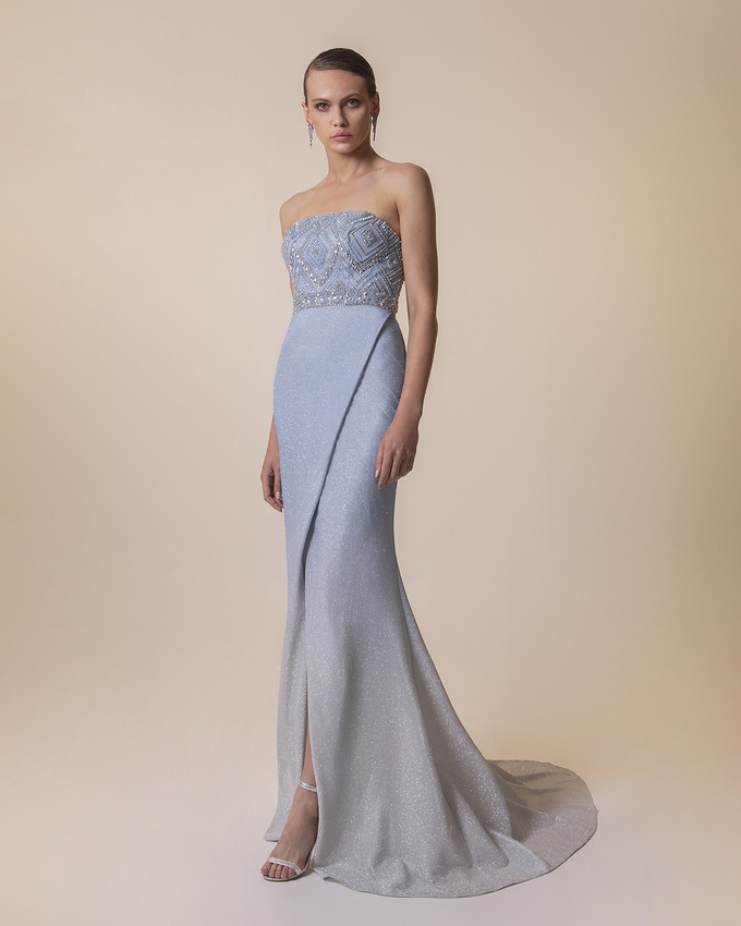 Long ombre strapless dress with shining fabric and beaded top