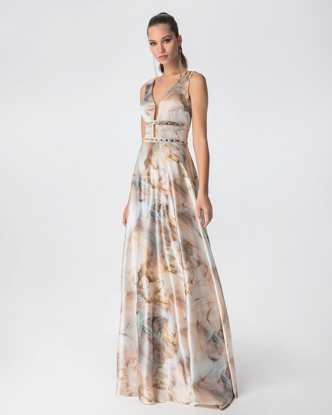 Long printed satin dress with beading and open back