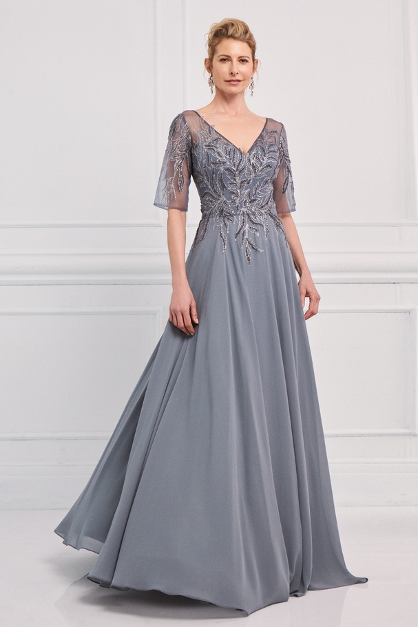 Classic long chiffon dress with fully embroidered top and sleeves
