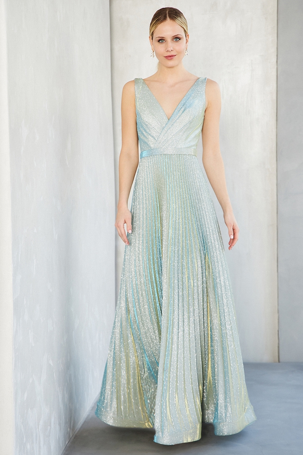 Long cocktail pleated dress with shining fabric and wide straps