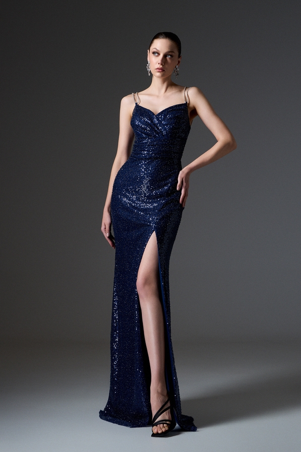 Evening long fully embroidered sequin dress, backless with a slit and chain cord on the back