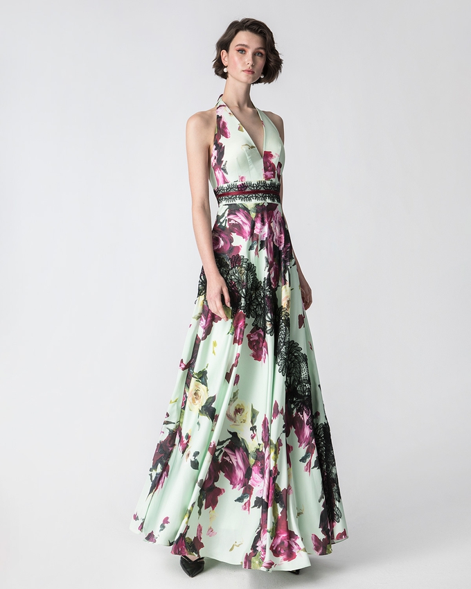 Long printed satin dress with lace and open back
