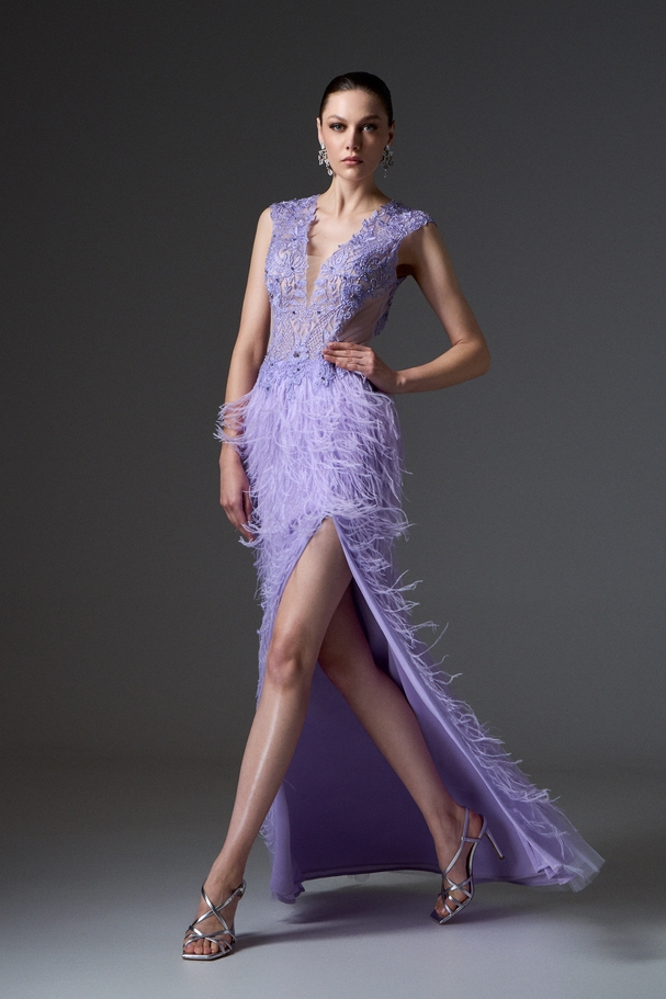 Evening long backless dress with embroidered lace top and feathered skirt