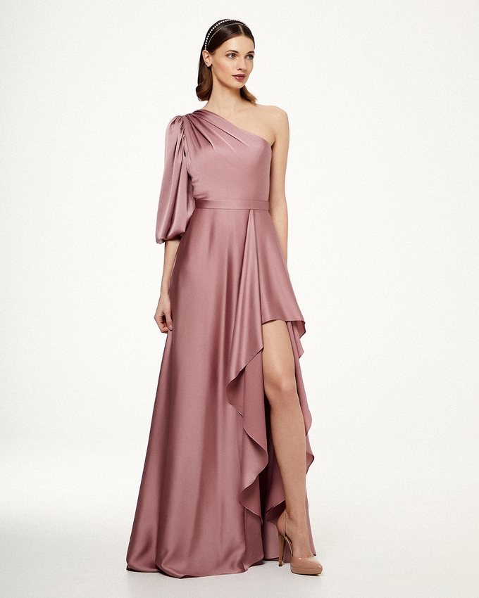 Cocktail long satin dress with one sleeve
