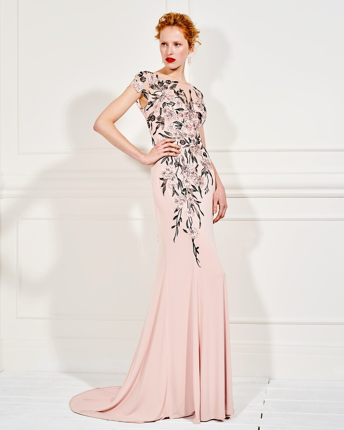 Long evening dress with beaded  floral details