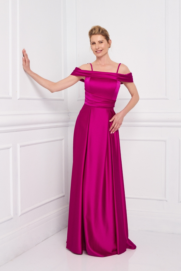 Classic long satin dress with sleeves and draping at the waist