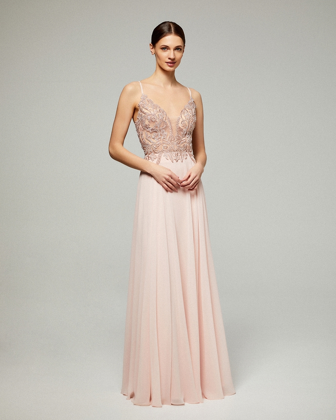 Long evening chiffon dress with beaded lace top and straps