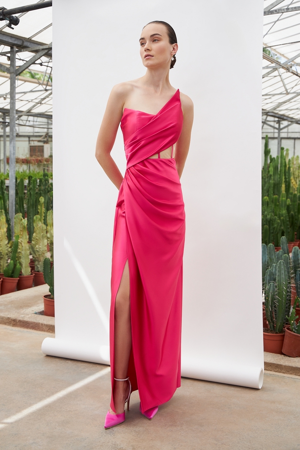 One shoulder long satin dress with transparency on the top and opening