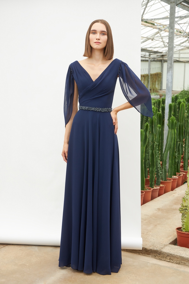 Long classic chiffon dress with beading at the waist and sleeves